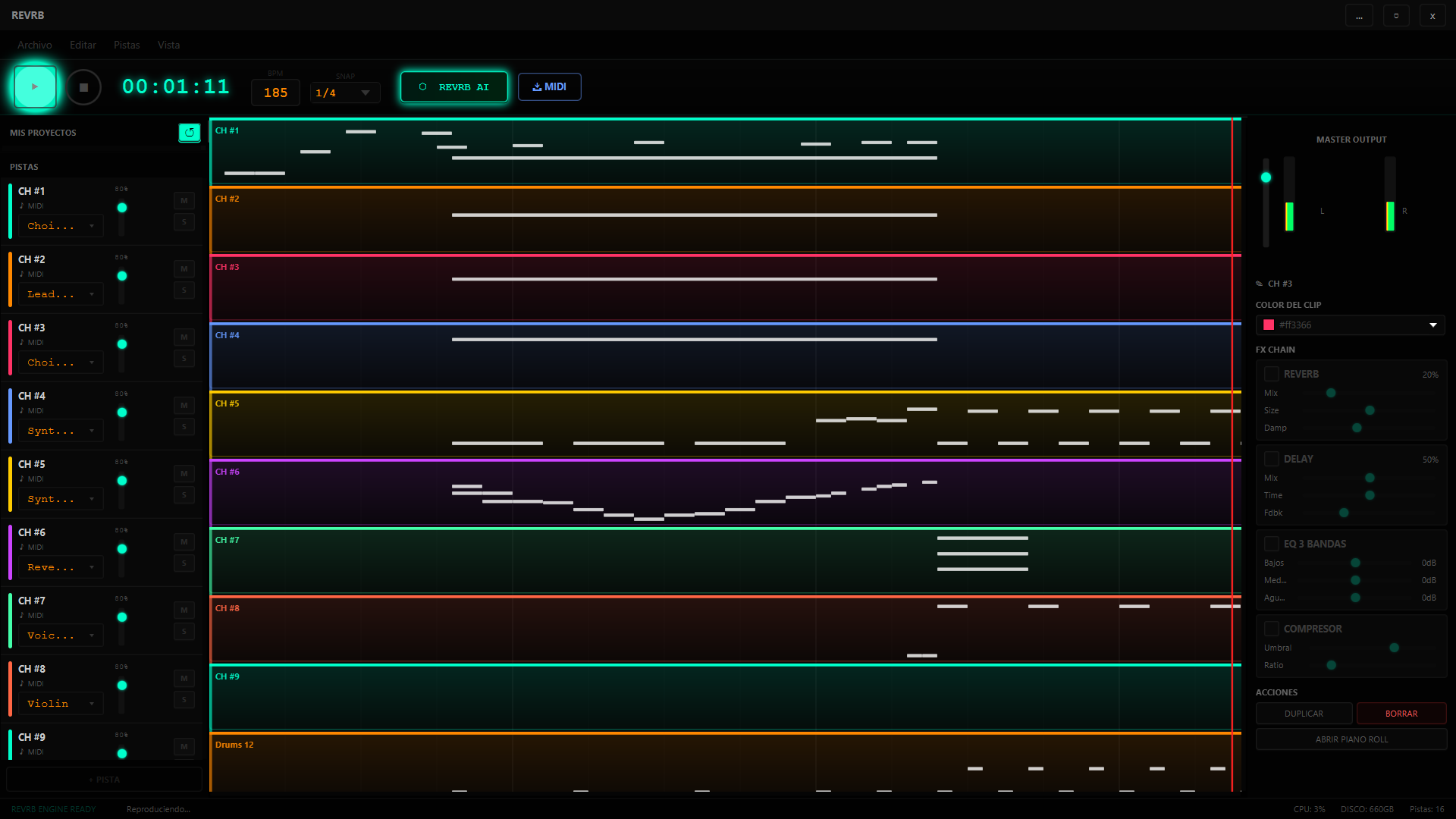 Interfaz principal de REVRB mostrando la playlist con múltiples pistas MIDI