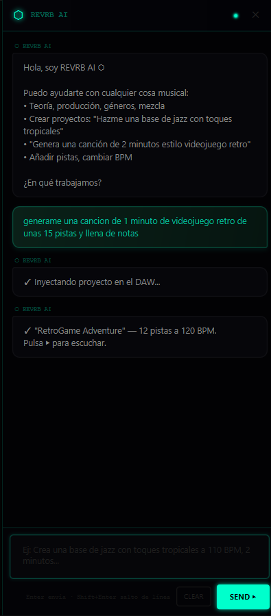 Panel de chat del asistente de inteligencia artificial integrado en REVRB